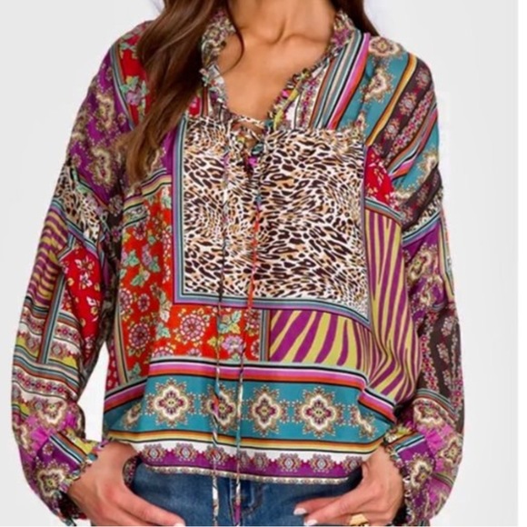 Johnny Was Tops - JOHNNY WAS 100% SILK PATCH FINN SILK TOP XXS but relaxed fit, fits a Medium